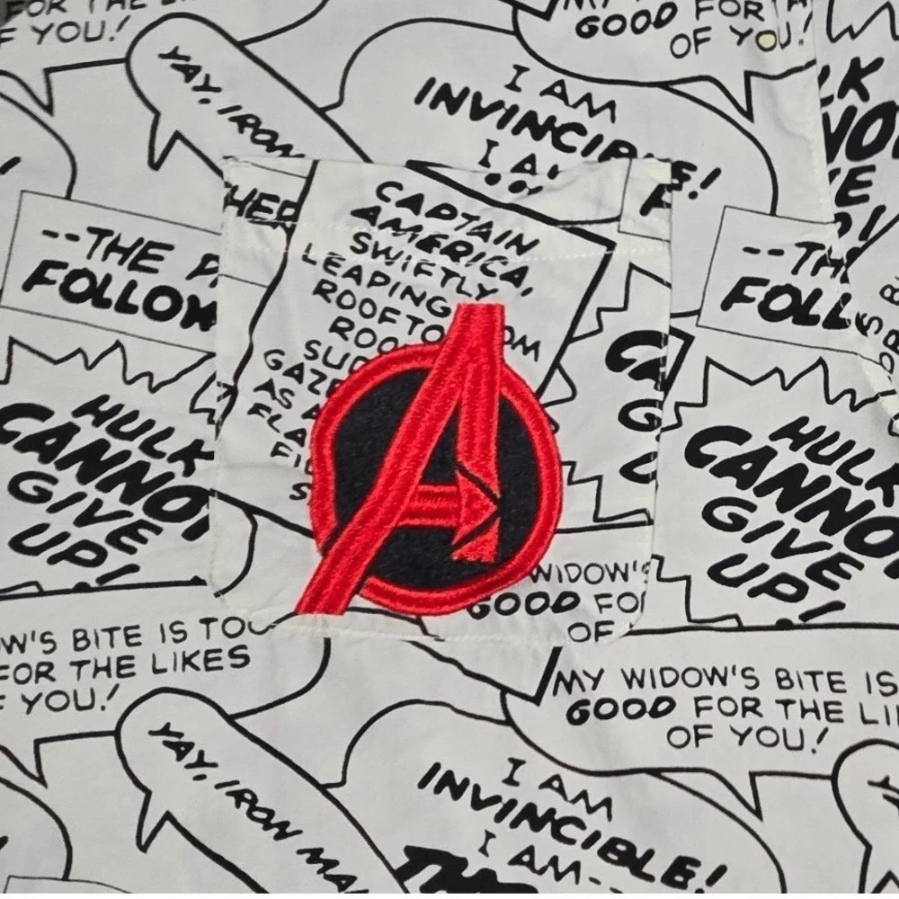 Marvel Avengers Comic Book Print Button Up Shirt‎ Large White Black Red L NWOT